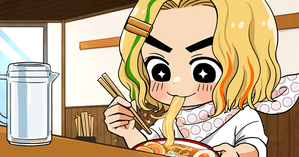ラーメンを食べる麺食一郎のイラストアイキャッチ