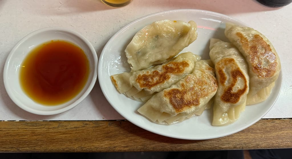 「上野の老舗町中華『珍々軒』の焼き餃子。ふっくらとした皮に焼き目が入り、手作り感のある餃子が皿に並ぶ。横には餃子用の酢醤油ダレが添えられ、懐かしい雰囲気が漂う一皿。」