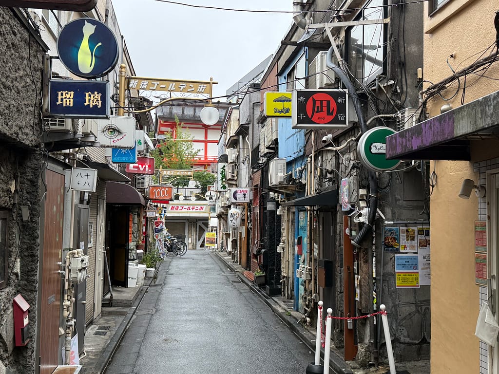 新宿ゴールデン街の路地。古い建物や看板が並び、奥に「すごい煮干ラーメン凪 新宿ゴールデン街店本館」がある街並み。