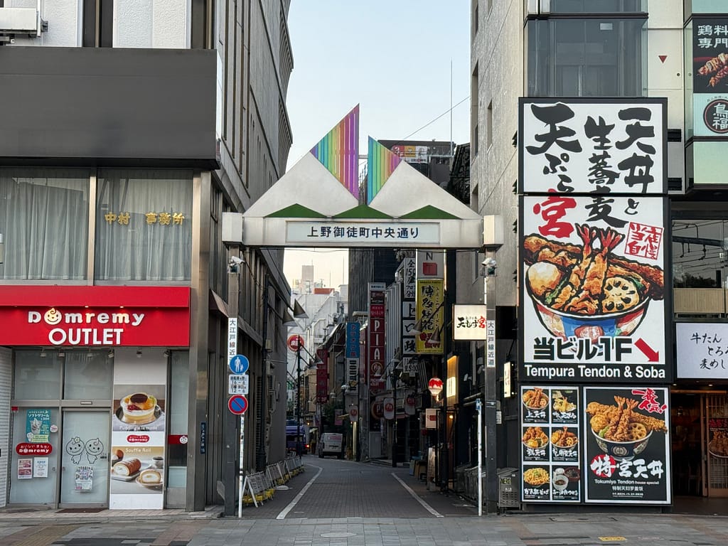 上野御徒町中央通りの入口アーチと商店街の風景。左右に飲食店の看板が並び、奥へ続く路地が見える朝の上野エリア
